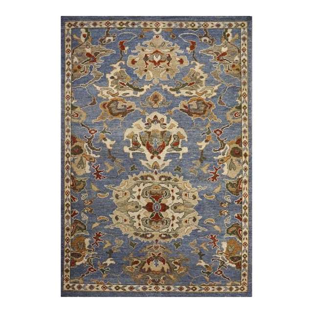 Afghan Sultanabad Wool 4x6 Light Blue, Ivory, Olive & Rust Handmade Area Rug #1143673 For Sale