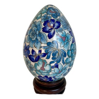 Vintage Display Size Blue Floral Cloisonné Egg on Wood Stand For Sale
