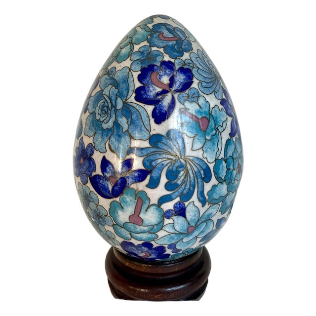 Vintage Display Size Blue Floral Cloisonné Egg on Wood Stand For Sale