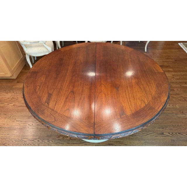 Transitional Two-Tone Round Pedestal Dining Table With Carved Apron and 22” Leaf For Sale - Image 3 of 7