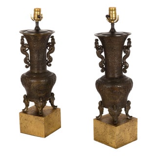 Pair of Antique Japanese Bronze Vasiform Table Lamps For Sale