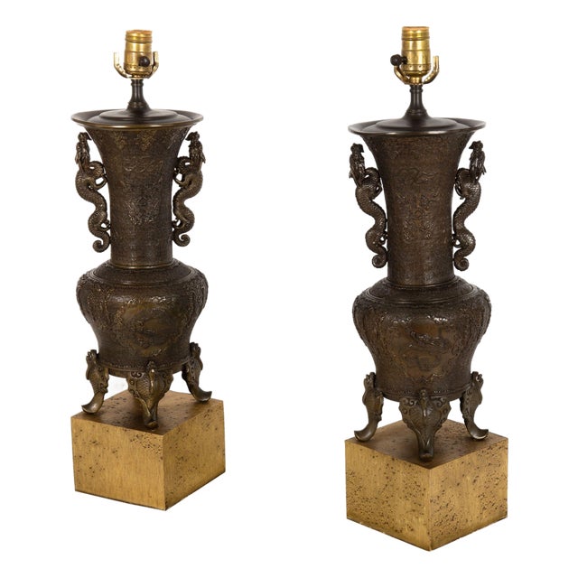 Pair of Antique Japanese Bronze Vasiform Table Lamps For Sale