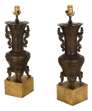 Pair of Antique Japanese Bronze Vasiform Table Lamps
