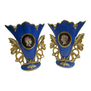 Pair Large Size Old Paris Cobalt Blue Mantle Vases With Classical Greek Profiles For Sale