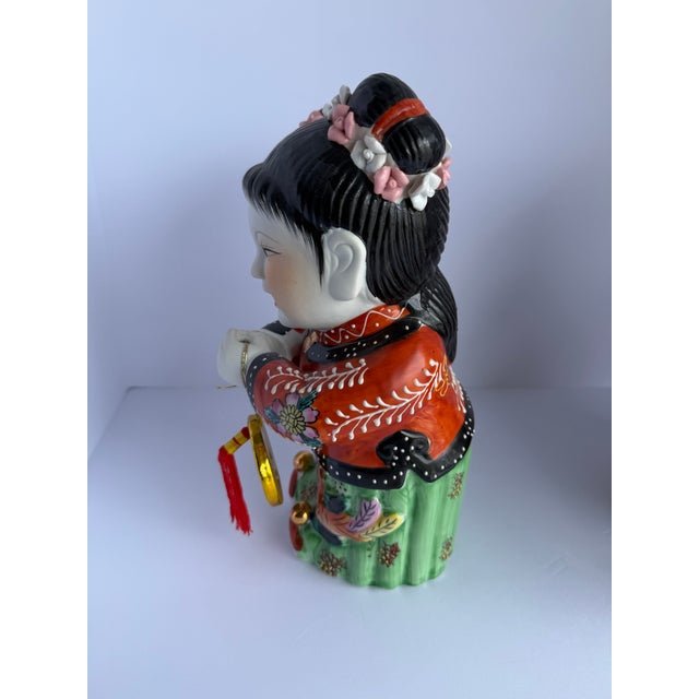 Vintage Chinese Porcelain Good Fortune Boy & Girl Figurines – Pair, Circa 1980s For Sale - Image 10 of 12