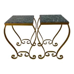Pair of Antique Green Marble Topped Iron Scroll-Ware Side Tables From England