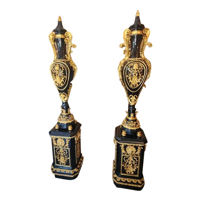Late 19th Century Black and Gold Painted Carved Vase Statues - Set of 2 For Sale