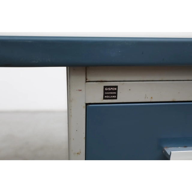 1960s Gispen Industrial "7804" Desk With Blue Drawer Fronts and Linoleum Writing Top For Sale - Image 5 of 13