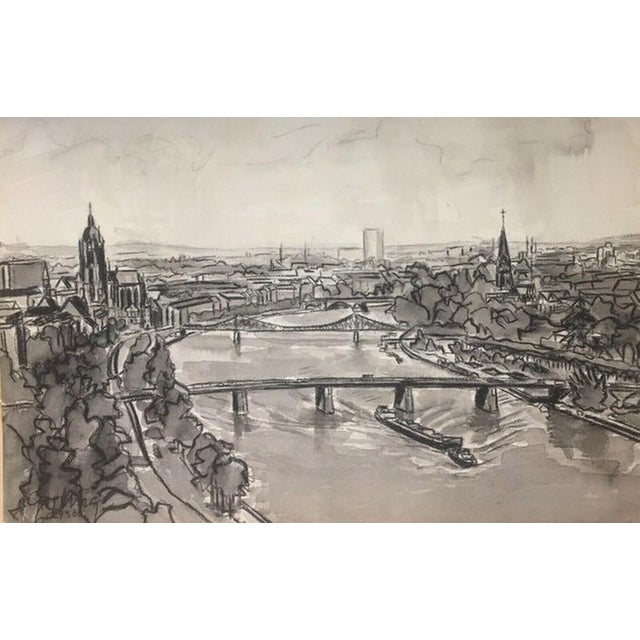 Iron Bridge, unknown, illegible, charcoal and ink, approx. 43 x 59 cm