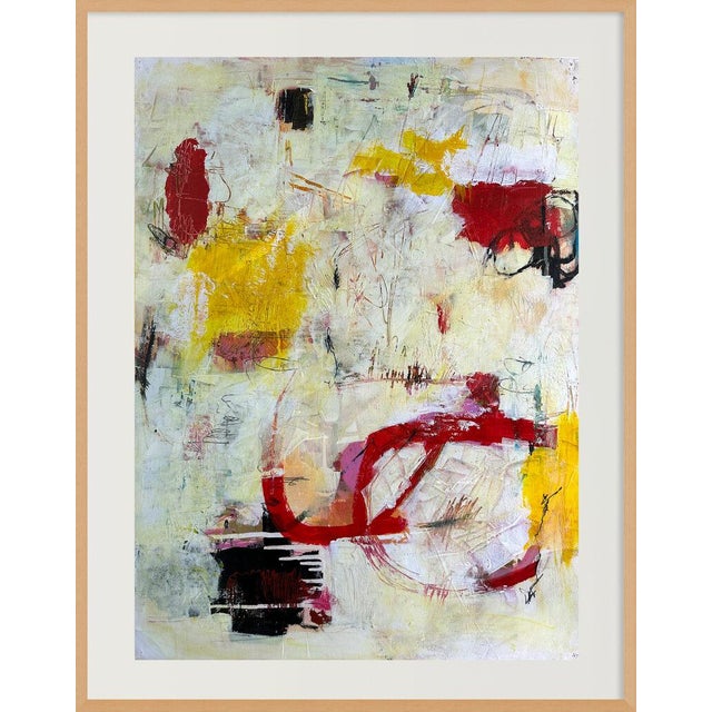 Bursts of mustard yellow and loops of red sweep across a creamy, translucent ground, with black accents and delicate drawn...