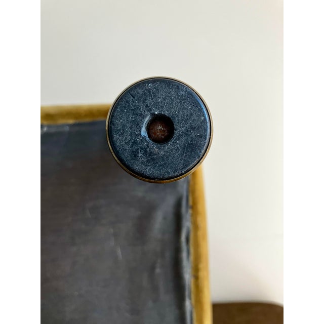 Mid-Century Modern Needlepoint & Chartreuse Velvet Footstool — Vintage Square Ottoman With Tapered Walnut Legs and Brass Ferrule Accents For Sale - Image 16 of 18