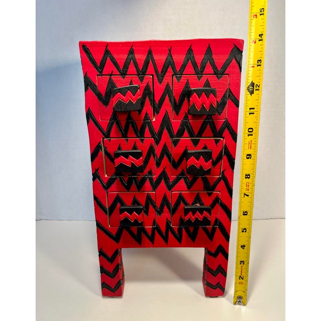 Rick Oginz Signed 1999 Painted Wood Sculptural 6-Drawer Red & Black Cabinet For Sale - Image 10 of 12