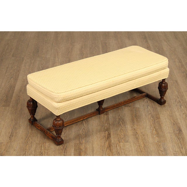 High Quality Vintage Carved Oak Window or End-of-Bed Bench with Custom Upholstered Seat