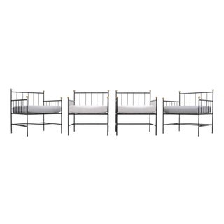Set of Four French Modernist Iron Brass Ball Finial Lounge Chairs For Sale