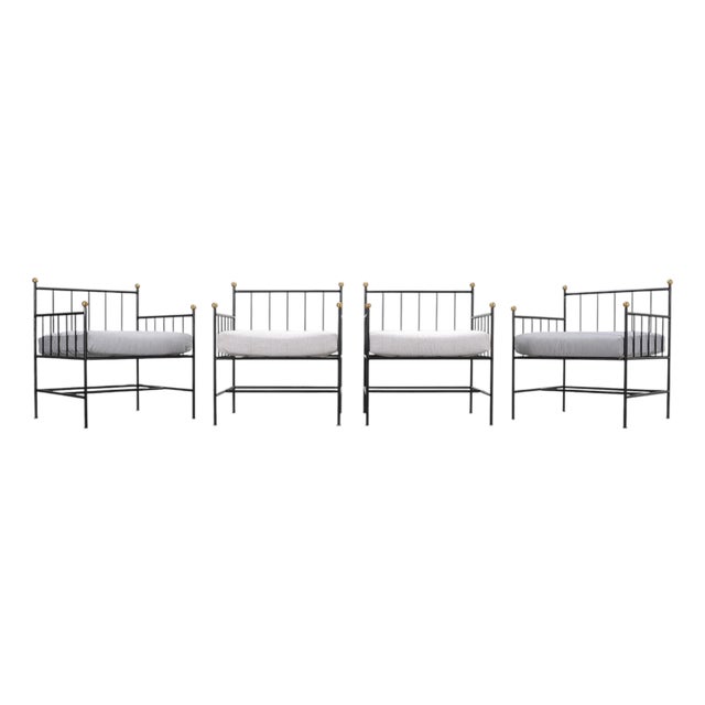 Set of Four French Modernist Iron Brass Ball Finial Lounge Chairs For Sale