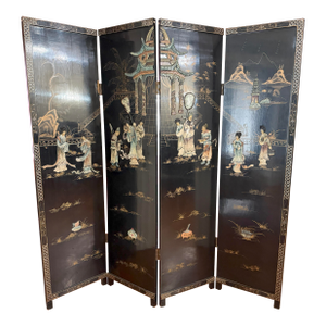 Vintage Mid-Century Chinese Four-Panel Lacquered Coromandel Screen
