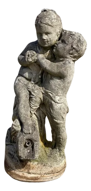 French Neoclassical Small Concrete Figural Cherub Garden Statue Water Fountain