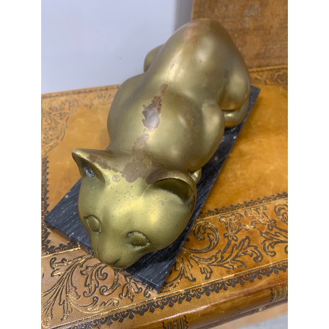 Mid-Century Modern Vintage 1960s Brass Crouching Cat on Black Marble Base For Sale - Image 3 of 6