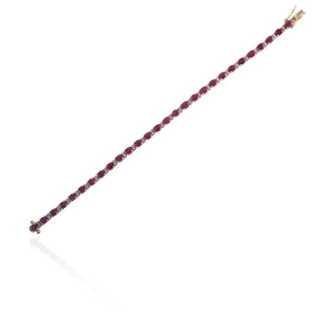 Art Deco 9.36 Carat Genuine Ruby Diamond Birthstone Tennis Bracelet in 14k Yellow Gold For Sale - Image 3 of 12