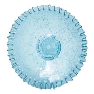 Light Early 20th Century Blue Glass Dish with Ruffled Edge and Floral Pattern For Sale