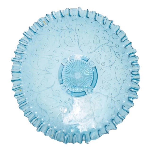 Light Early 20th Century Blue Glass Dish with Ruffled Edge and Floral Pattern For Sale