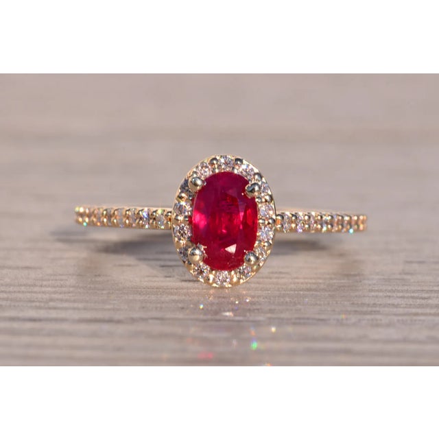 Gold The Fairblue: Ladies Contemporary Yellow Gold Ruby Engagement Ring with Diamond Halo For Sale - Image 8 of 10