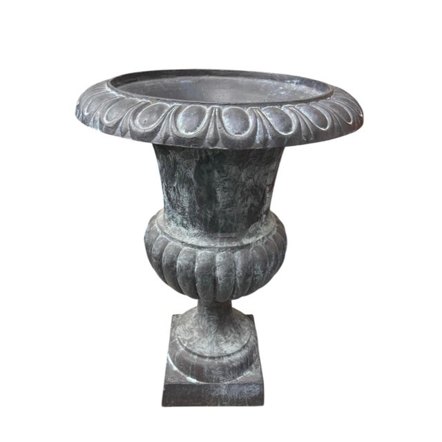 Neoclassical Classic Neoclassical Cast Iron Garden Urn With Distressed Bronze Finish For Sale - Image 3 of 12