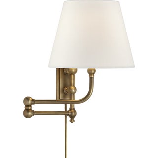 Chapman & Myers for Visual Comfort Signature Pimlico Swing Arm in Antique-Burnished Brass with Linen Shade For Sale
