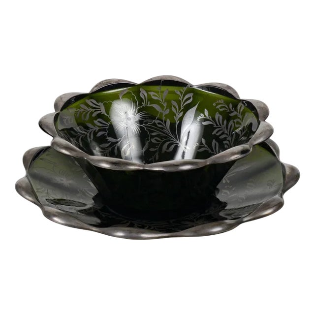 Mid-Century Green Glass Plates with Silver Decorations, Set of 2 For Sale