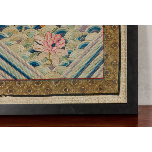 Vintage Chinese Silk Fabric with Flower and Sun Motif in Custom Black Frame For Sale - Image 10 of 12