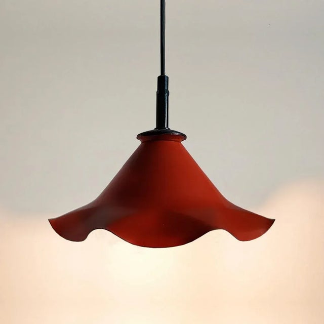 Small vintage hanging lamp with a pleated (wavy) red shade made out of metal. Up to 250V (Europe/UK Standard).The wiring...