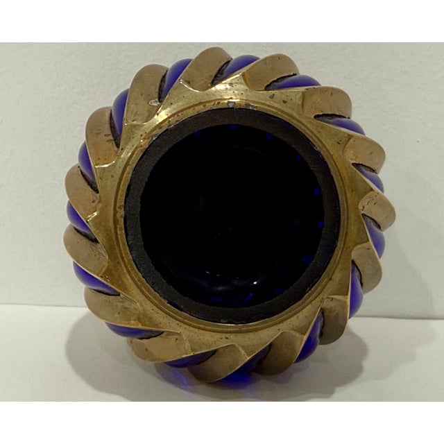 1960s Brutalist Brass Caged Cobalt Glass Twisted Swirl Tea Light Holder MCM Vintage For Sale - Image 5 of 6