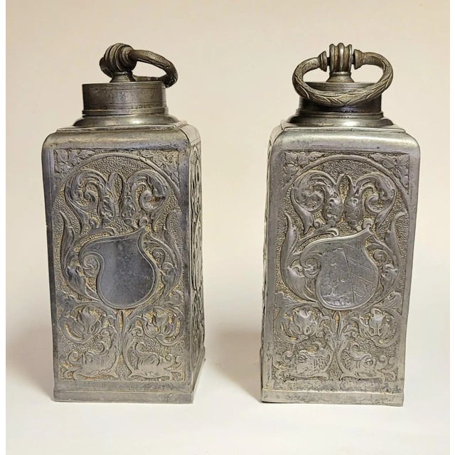 Gothic Pair of 1880s, Antique Pewter Tea Canisters Embossed With Heraldry, Germany For Sale - Image 3 of 8