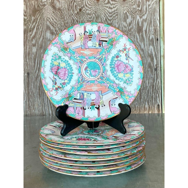 Ceramic Vintage Asian Rose Famile Dinner Plates - Set of 8 For Sale - Image 7 of 8