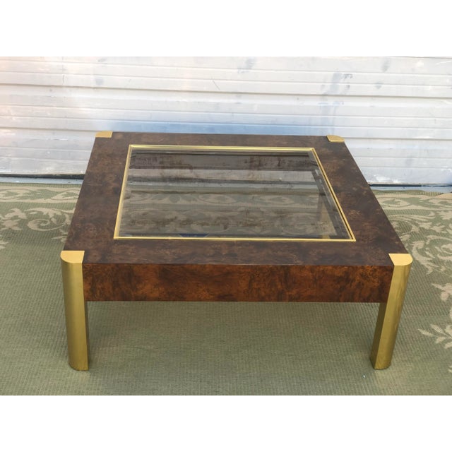 Wood 1970s Burl Wood Brass Smoked Glass Top Coffee Table in the Manner of Willy Rizzo For Sale - Image 7 of 10