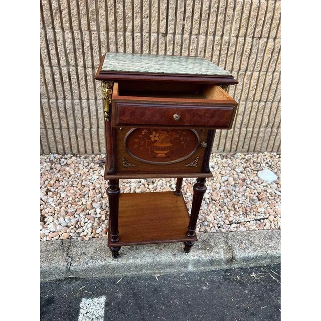 Brown Pair Louis XVI Style Ormolu Mounted Marquetry Mahogany Marble Top Bedside Tables, 19th Century For Sale - Image 8 of 12