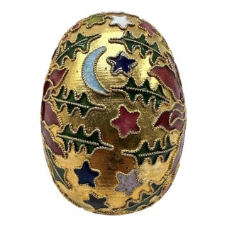 Vintage Cloisonné Holiday Egg — Poinsettia, Holly & Celestial Design For Sale