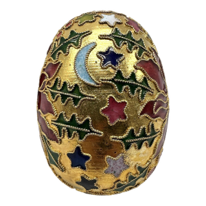 Vintage Cloisonné Holiday Egg — Poinsettia, Holly & Celestial Design