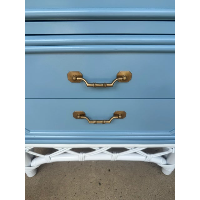 Sky Blue Vintage Palm Beach Regency Ficks Reed Attributed Faux Bamboo Rattan Nightstands - Newly Painted - A Pair For Sale - Image 8 of 11