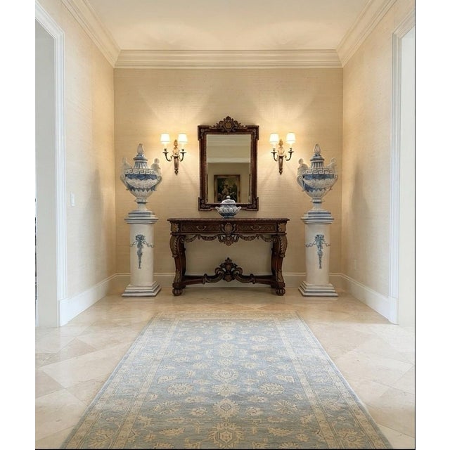 Pair of Vintage Monumental 79” Italian Blue & White Glazed Ceramic Lidded Urns on Pedestals For Sale - Image 12 of 12