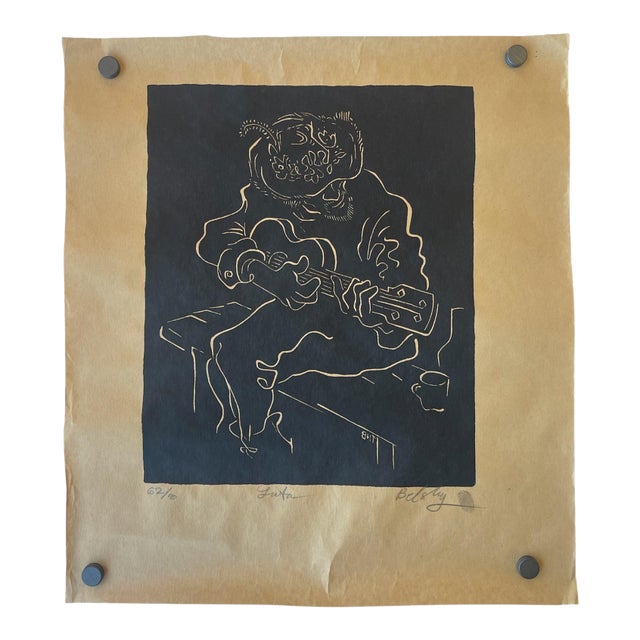 1970s “Luta" Limited Edition Linocut Print by Belsky, Numbered 62/100, Hand Signed With Fingerprint, Modern Figurative Guitarist Portrait For Sale