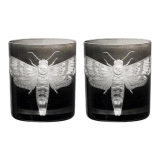 Cabinet of Curiosities Double Old Fashioned Glasses Butterfly Smoke - a Pair For Sale
