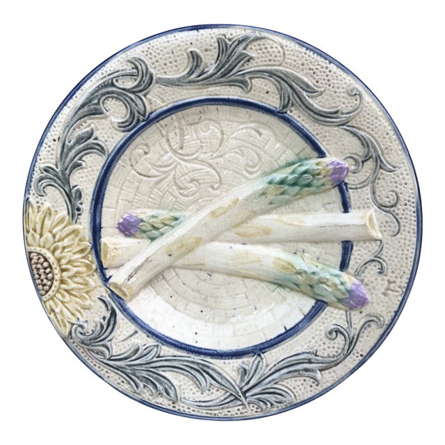 C.1880 Rare Belgium Majolica Asparagus Sunflower Plate Wasmuel For Sale