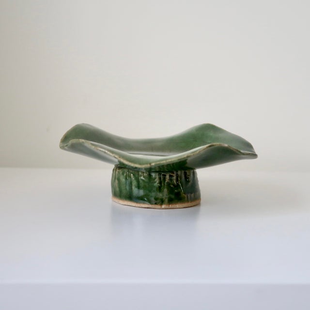 Handmade Ethereal Botanical Studio Pottery Pedestal Compote Catchall Bowl With Leaf Motif For Sale - Image 12 of 14