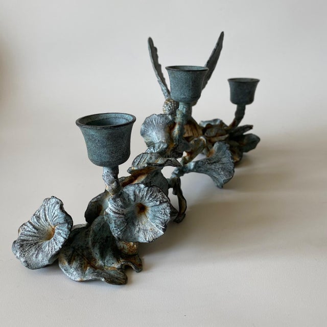 Blue Vintage Spi Triple Candelabra: Pewter, Verde-Patina, Morning Glory Hummingbird For Sale - Image 8 of 18