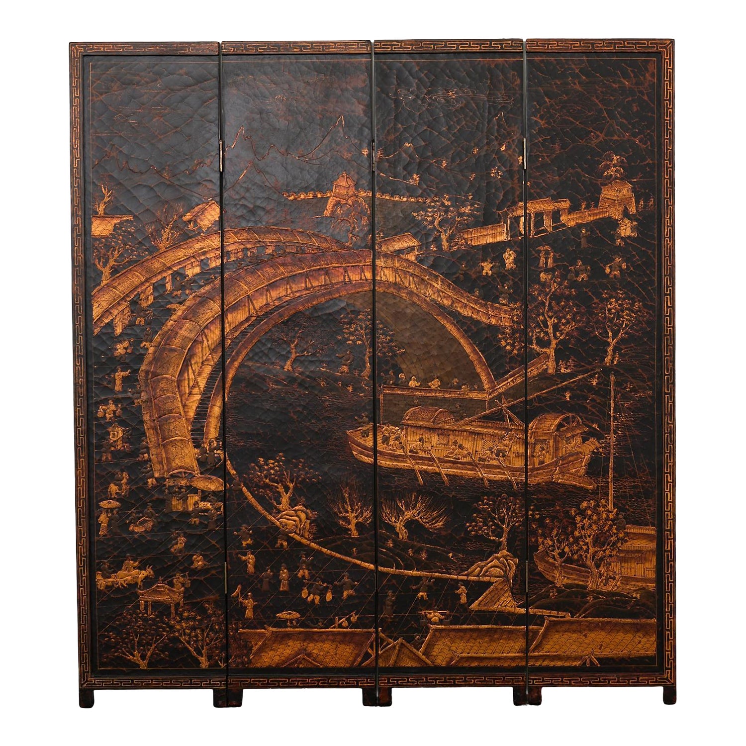 Chinese Export Four Panel Coromandel Style Screen Ancient Bridge | Chairish
