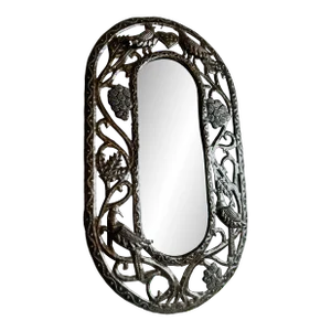 Vintage Handmade Punched Tin Brutalist Bird Motif Oval Mirror