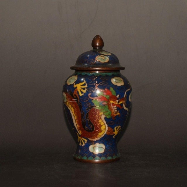 Pair of Vintage Chinese Cloisonné Dragon & Phoenix Ginger Jars With Copper Finials For Sale - Image 9 of 9