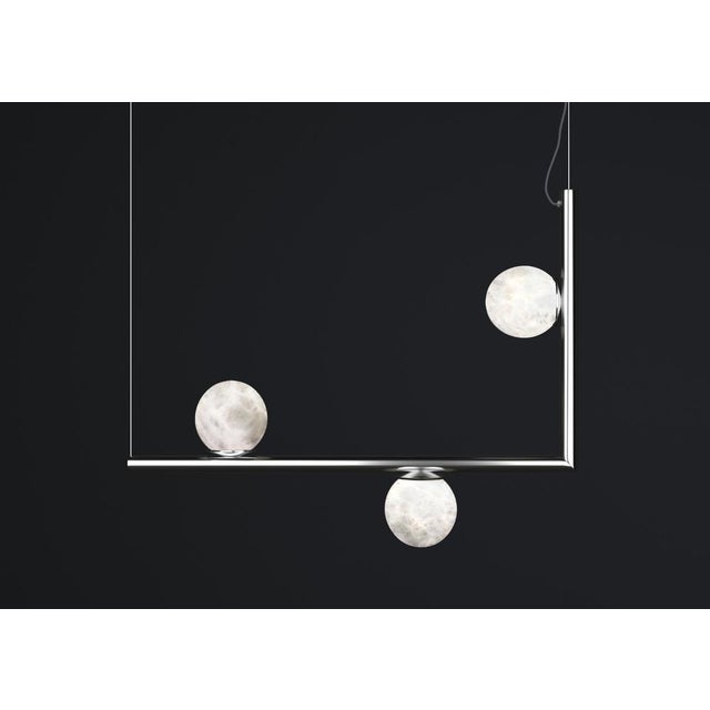 Ofione 1 shiny silver metal pendant lamp by alabastro italiano dimensions: d 15 x w 85 x h 64 cm. Materials: white...