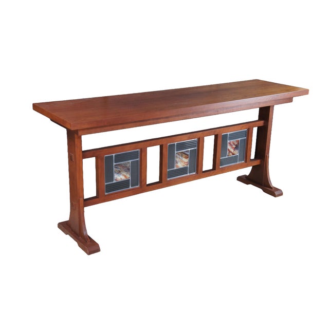 Art Deco Late 20th Century Mission Arts & Crafts Leaded Stained Glass Cherry Console Hall Sofa Table 72" For Sale - Image 3 of 14
